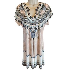Hale Bob small tribal Aztec geometric lined shift dress printed split neck EUC